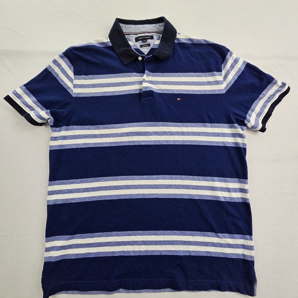 Tommy Hilfiger‎ Blue Striped Short Sleeve Slim Fit Polo Shirt Men's 2XL